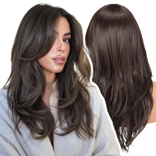 WOKESTAR Natural Long Wigs for Women with Fringe Synthetic H