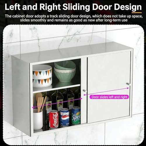 Stainless Steel Wall Mounted Sliding Door Cabinet with Adjustable Shelves - Kitchen & Bathroom Storage Organizer, Space-Saving 60x20x40cm (24x8x16in)