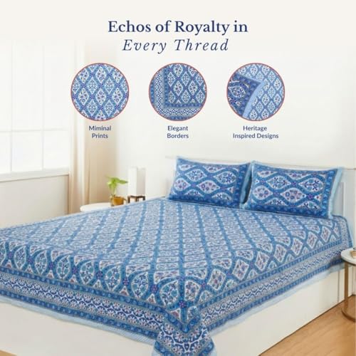 Image of Jaipur Weaves Jaipuri Double Bed Cotton Bedsheet Queen Size 90x85, 120 TC 100% Pure Cotton Bed Sheet with 2 Pillow Covers, Floral Traditional Print (Blue Jaal, Double)