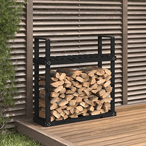 SXHYSL Leñero De Madera Maciza Negro De 110 X 35 X 108,5 Cm para Exterior E Interior, con Ventilación, Leñero Metálico para Leña De Pino, Juego De Soportes De Madera para Uso Domé,