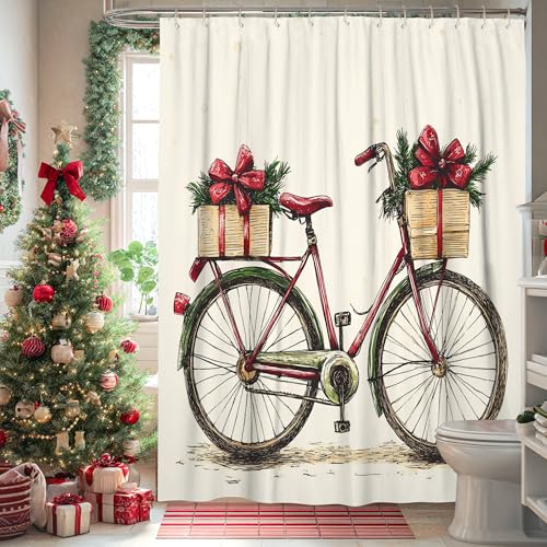 Wasserfarben-Fahrrad-Duschvorhang-Set, 137 x 200 cm, mit Haken, Winter-Weihnachts-Fahrrad, Badezimmer-Dekor, Urlaub, Neujahr, Badzubehör, Polyestergewebe