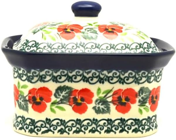 Polish Pottery Cake Box - Small - Red Pansy
