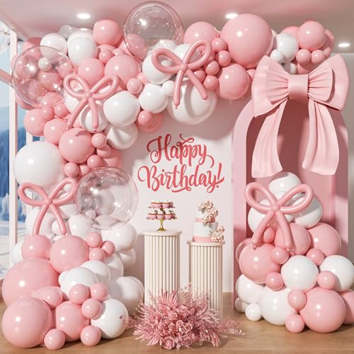 Image of Pink Bow Balloon Garland Arch Kit - Coquette Birthday Decorations Coquette Bow Pink and White Balloon Arch Kit Different Size for Wedding Bridal Girls Birthday Baby Shower Engagement Party Decorations