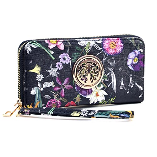 Dasein Woman Wallet Purse Zip Around Clutch Bag Phone Case with Wrist Strap Multiple Card Holders(Black Flower)