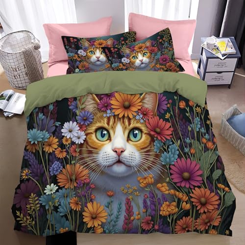 Fundas Nordicas Cama 180 Juvenil Estampado Animal Gato Atigrado Naranja, Juego Ropa Cama Juvenil Microfibra, Funda Edredon 260 X 240 Cm con Cremallera 2 Funda De Almohada, Flores Silvestres