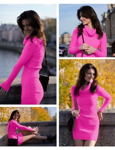 Image of v28 Sweater Dress for Women Ribbed Knit Fitted midi Sexy Fall Winter Bodycon Cowl Neck Dresses