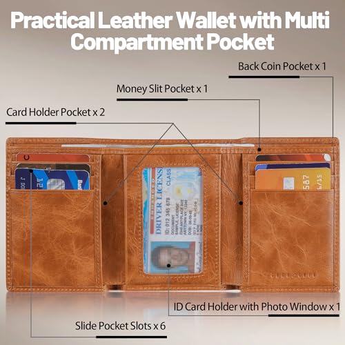 Genuine Leather Wallet - RFID Blocking Tri-Fold with 8 Card Slots, Cash Pocket & ID Window - Birthday Gifts for Men and Women2