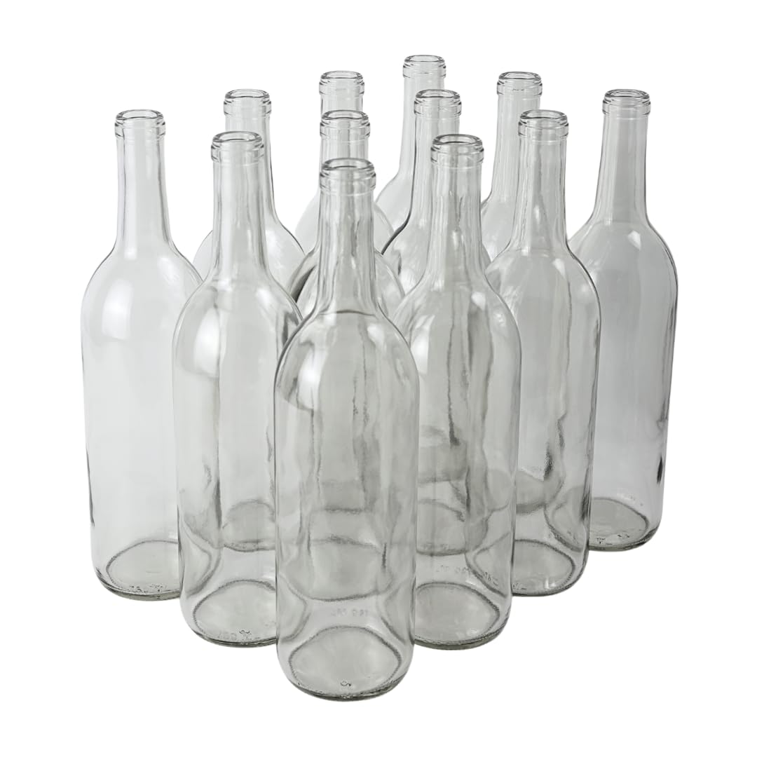 FastRack - 750 ml Clear Glass Bottles Wine Bottles (Pack of 12) | NO CORKS INCLUDED | Clear Bordeaux Flint Flat-Bottomed Cork Top Bottle for Wine Making | Case of 12