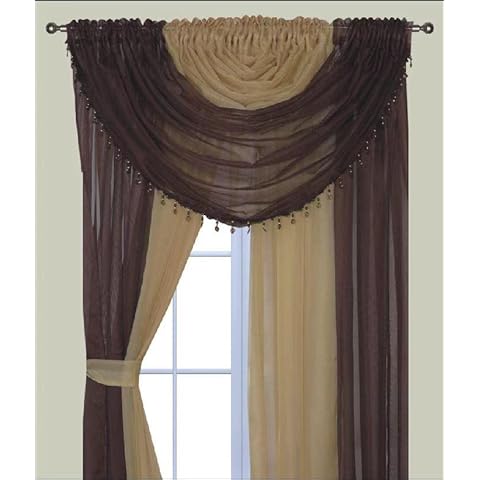Sapphire Home Window Sheer Curtains - Two Tone 4 Panels Set with Valance and Tiebacks, 55" x 84", Privacy Voile Window Curtains for Living Room, Bedroom, Kitchen, Dining Room -Chocolate/Gold Cover