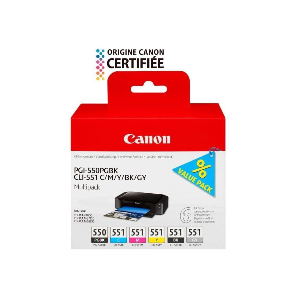 Canon PGI-550 / CLI-551 PGBK/C/M/Y/BK/GY Druckertinte - Multipack mit 6 Tinten für PIXMA Tintenstrahldrucker ORIGINAL