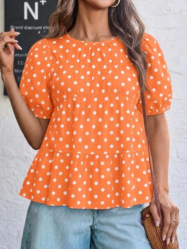 Image of Tankaneo Womens Puff Sleeve Peplum Babydoll Tops Summer Flowy Pleated Cotton T-Shirts Casual Loose Fit Cute Blouse