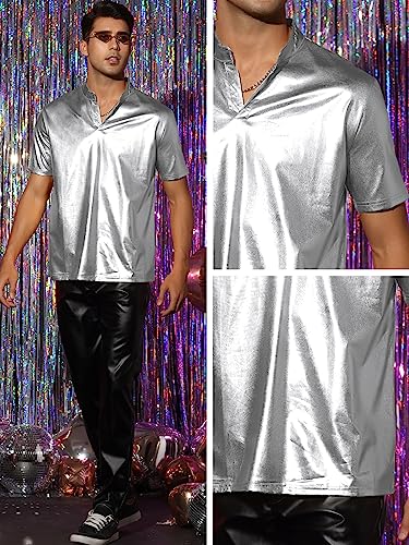 Lars Amadeus Metallic T-Shirt for Men's Stand Collared Shiny Disco Party Short Sleeves Polo Tee 5