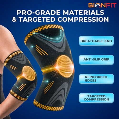 Image of BIONFIT Elbow Support Sleeve Pair for Men & Women | Compression Elbow Brace for Gym, Weightlifting, Tennis & Pain Relief | Breathable Anti-Slip Elbow Support