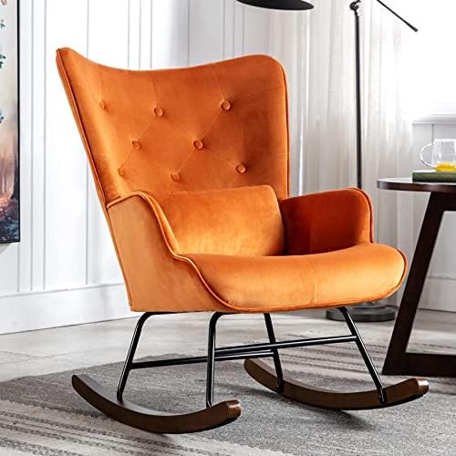 YOUTHUP Rocking Chair Nursery Mid-Century Modern Velvet Upholstered Armchair for Living Room, High Back Glider Rocker Accent Chair with Wood Legs, Metal Frame (Caramel)
