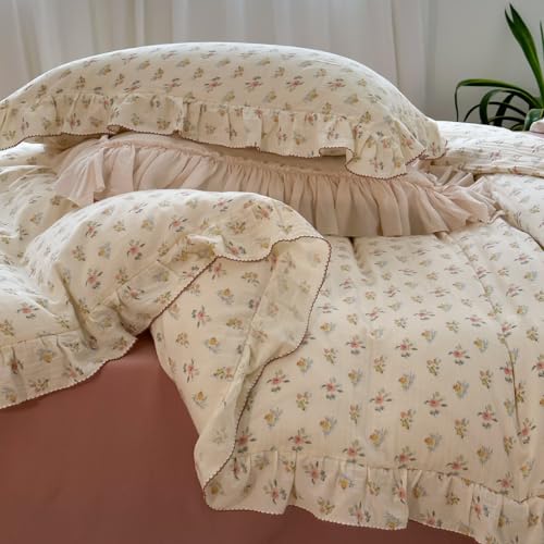 Image of BuLuTu 100% Cotton Muslin Duvet Cover Twin for Kids Girls Boys, Shabby Chic Azalea Floral Duvet Covers Vintage Farmhouse Comforter /Quilt Cover with Ruffles, 68 inchx86 inch, Zipper Closure, No Pillow