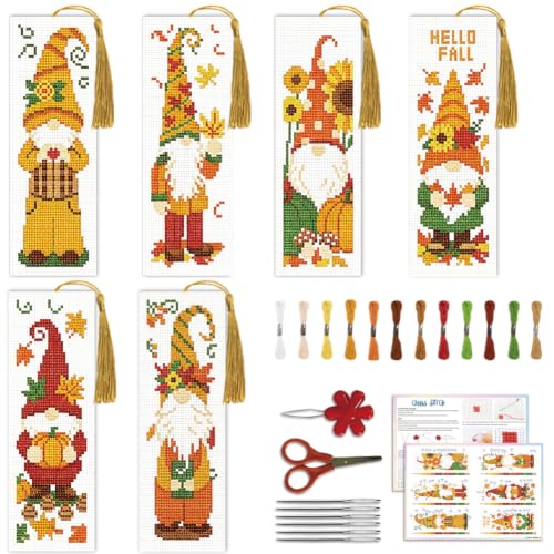 ACRNIGHEET 6PCS Fall Cross Stitch Bookmark Kit for Beginner (Autumn Gnome)