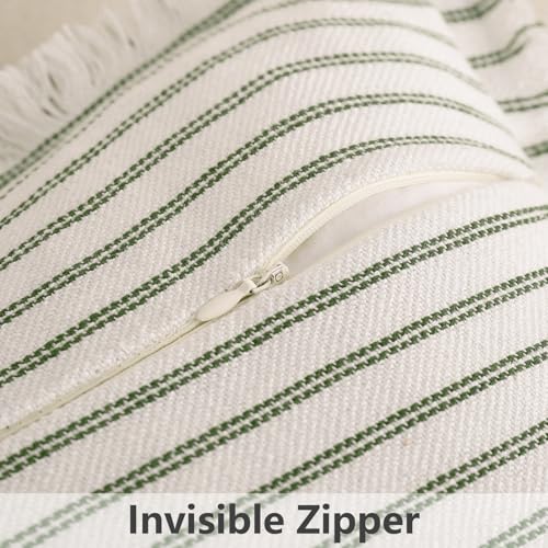 Image of ZWJD Throw Pillow Covers 18x18 Set of 2 Striped Pillow Covers with Fringe Chic Cotton Decorative Pillows Square Cushion Covers for Sofa Couch Bed Living Room Farmhouse Decor (Olive Green)