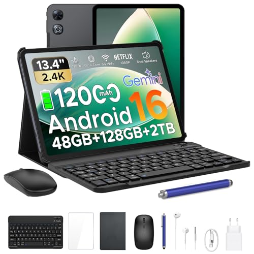 Luzglo P13 Tablet 13 Pollici Android 16 e Gemini AI, 2.4K/120Hz, 48GB RAM+128GB ROM/2TB TF, 12000mAh/18W, T7280 Octa-Core, 13MP, Face ID/WiFi5/GPS/OTG, Tablet con Tastiera e Penna, Nero