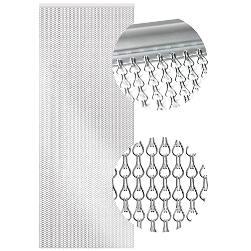 GlamHaus Fliegengitter für Türen 90 cm x 210 cm Aluminium Metall Kettenglied Vorhang für Türen Verstellbar für Fliegen Insekten Wespen Metallrollo für Innen und Außen (Silber)