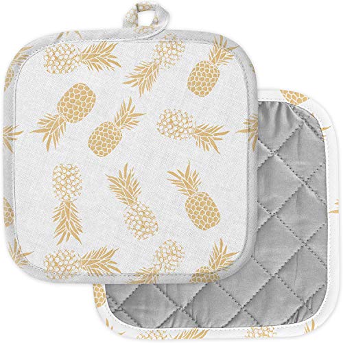 [Pack of 2] Pot Holders for Kitchen, Washable Heat Resistant Pot Holders, Hot Pads, Trivet for Cooking and Baking (Metallic Cream Gold Pineapple Fruit)