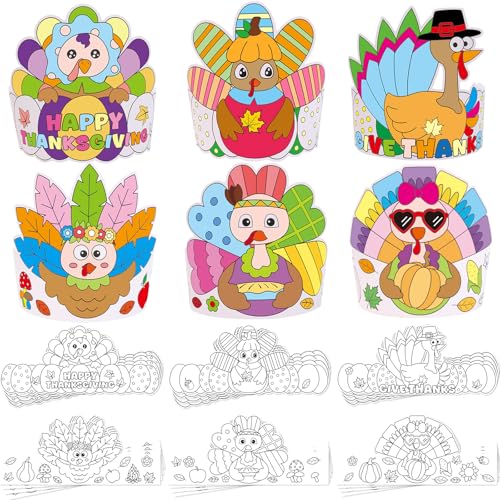 24 Pcs Thanksgiving Crafts for Kids Coloring Turkey Hats Crowns H...
