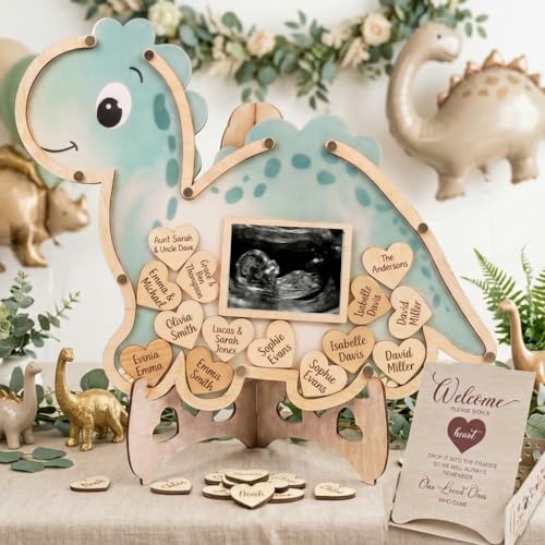 Image of Dinosaur Guest Book Alternative Keepsake Frame - Baby Shower - Birthdays - Gender Reveal - Decorations - Premium Wooden Shadow Box Nursery Decorations - Gift Idea - Wooden Tokens and Token Sign Box Included - OneASaurus Theme (Green)
