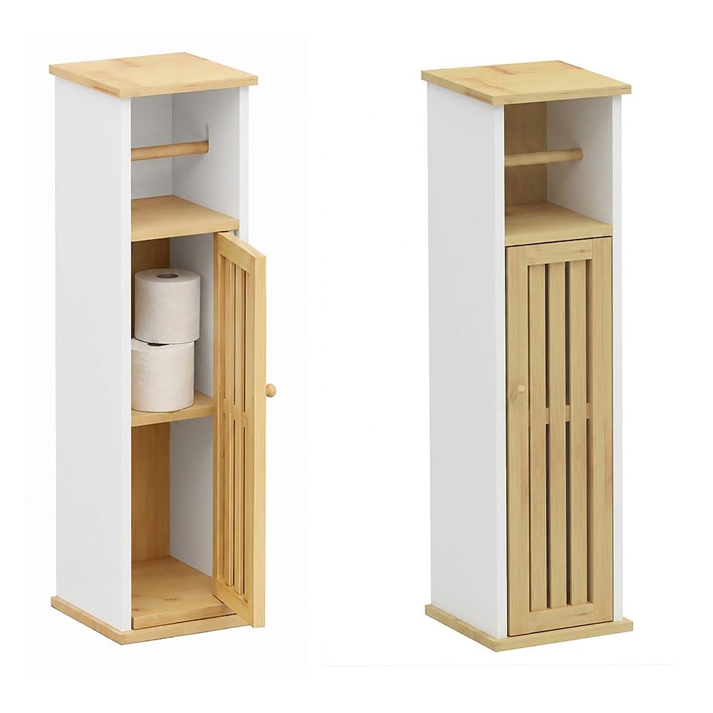 Mobile Porta Carta Igienica da Terra 18X18X75h CM - con Anta, Ripiani, in Legno MDF, Autoportante, Dispenser per Rotolo, Bagno - Colore (Bianco)