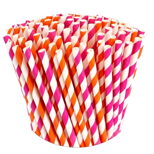 150 Pitillos de Papel Rayados Rosa y Naranja de 7.75 Pulgadas miniatura 1