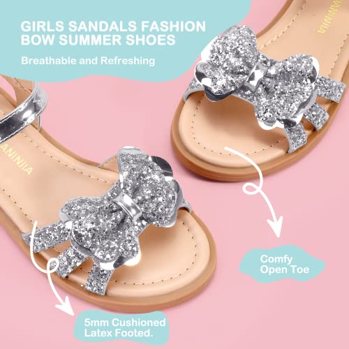 Image of PANDANINJIA Girls Sandals, Open Toe Cute Bow Princess Girls Flats, Sparkly Summer Dress Shoes Sandals for Toddler /Little Kid /Big Kid