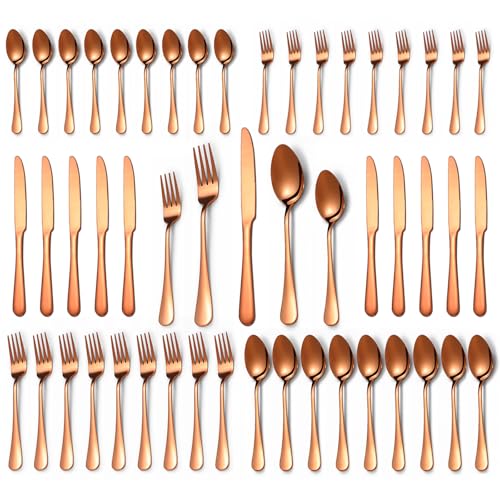 50 Pcs Rose Gold Silverware Set for 10 Food Grade Stainless Steel Flatware Set Eating Utensils Sets Include Fork/Knife/Spoon Reusable Cutlery Set for Home Kitchen Dishwasher Safe Round Edge