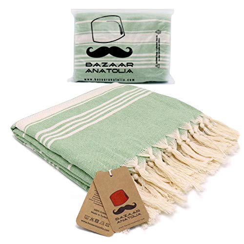 Bazaar Anatolia Stripe Turkish Beach Towel 100% Cotton Oversized 75x38 Large Boho Bath Towels Bathroom Sheets Gym Pool Quick Dry Sand Free (Green)