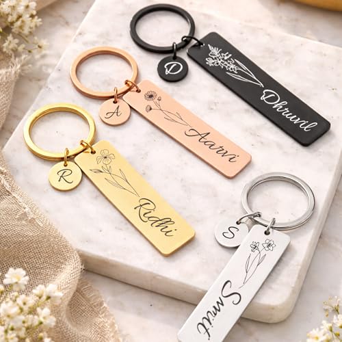 Image of Personalized Double-Sided Stainless Steel Keychain, Custom Name and Birth Flower Engraving, Initial Charm, Silver