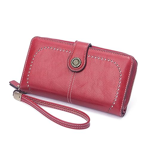 Image of Mokoze Wallet for Women, PU Leather Large Capacity Wallets with Wrist Strap and Zipper for Hold Credit Cards /Cell Phones /Keys, Girlfriends Mother's Day Gifts, Red, 7.48 inch x 4.13 inch x 1.18 inch, Bifold