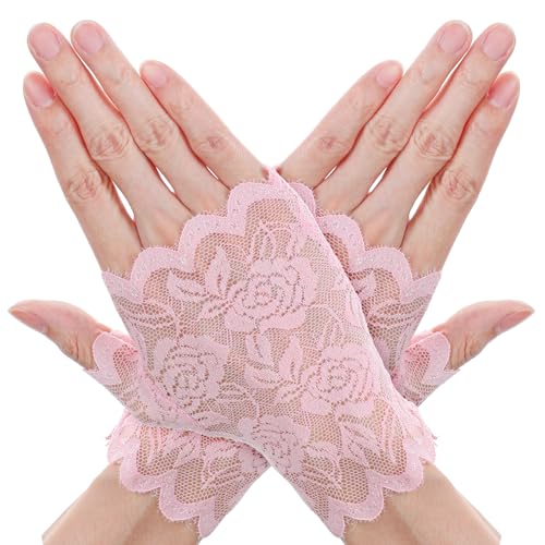 Quilax Lace Fingerless Gloves, Short Floral Fingerless Gloves for Women, Lace Glove Women Tea Party for Bridal Prom Wedding Party Costume Accessories (Pink)