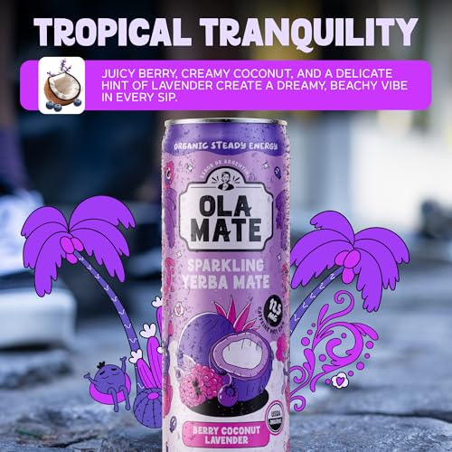 Image of Yerba Mate Energy Drink - Low Sugar Sparkling Tea Cans with Ashwagandha, Lion's Mane, USDA Organic Clean Energy Drink with 125mg Natural Caffeine, Ola Mate Berry Coconut