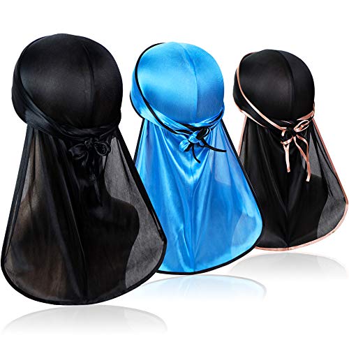 3 Pieces Soft Durag Headwraps with Extra Long Tail and Wide Straps for 360 Men Waves