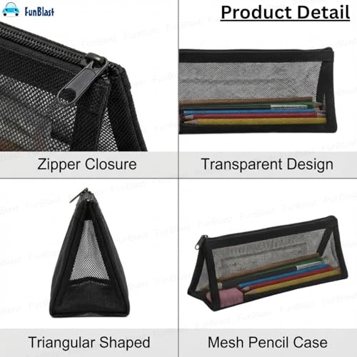 Image of FunBlast Mesh Pencil Case with Smooth Zipper, Single Layer Multi-Purpose Stationary & Pen Pouch for Boys & Girls, Transparent Stationary Bag, Organizer Pouch for Student (Black-C)