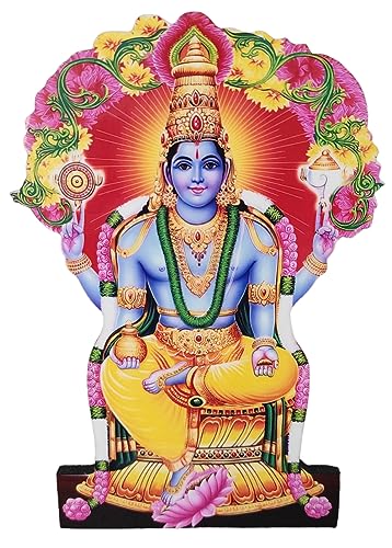 Vils Lord Dhanvantari/Dhanvamtari/Maha Vishnu Divine Holy Blessing Wood & Plastic Wall Mount/Table Top Photo Frame Cutout with Back Stand for Pooja/Gift (3.5 inch X 6 inch)