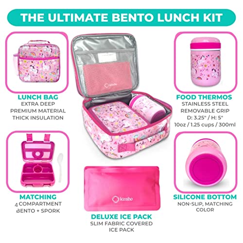 Image of Bento Lunch Box for Kids with Thermo Food Jar for Hot Food Soup, Insulated Lunch Bag and Ice Cold Pack Set, Stainless Steel Lunch Thermal, Girls Container Boxes with 4 Compartments, Pink Unicorn