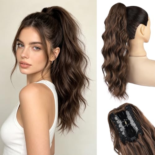 JIAMEISI Claw Clip Ponytail Hair Extensions 18 Inch Ponytail Extension Long Curly Wavy Jaw Clip in Pony Tails Extension Synthetic Fluffy Hairpiece for Women Girls Daily Use Party (Light Auburn Brown)