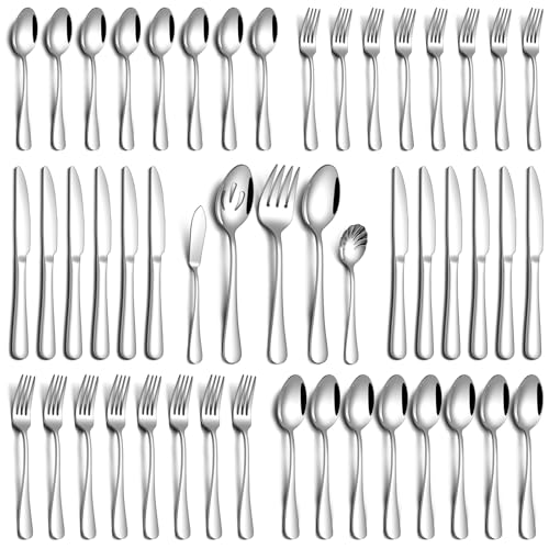 Image of PHILIPALA 45 Piece Silverware Set with Serving Utensils, Stainless Steel Flatware Set for 8 Food Grade Novelty Flatware Cutlery Utensil Set Include Knife Fork Spoon Mirror Polished Dishwasher Safe