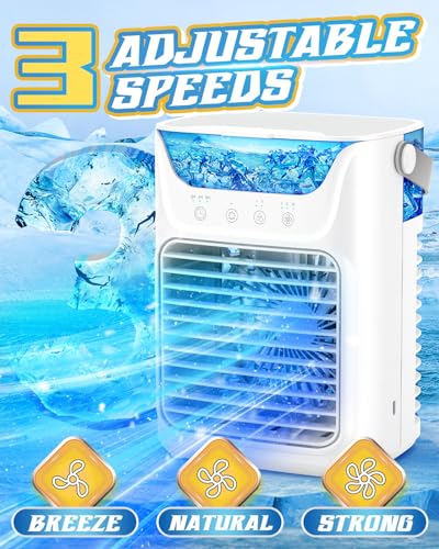 Aire acondicionado portátil, mini aire acondicionado mejorado 2024 con 3 nieblas y velocidades, 3 temporizadores y 7 colores LED, ventilador portátil de unidad de aire acondicionado pequeño para