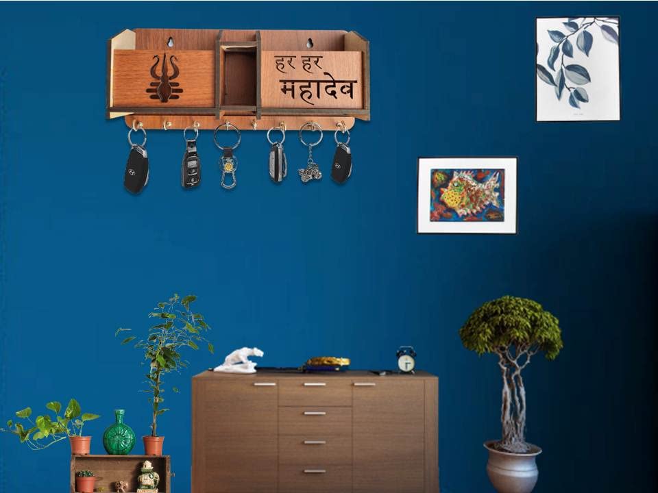 Image of Premium Har Har Mahadev Multipurpose Wooden Key Holder, Key Hanging For Wall Home, Living Room, Office Decor Key Holder Trishul Design Key Holder With Stainless Steel 8 Hooks Gift Item