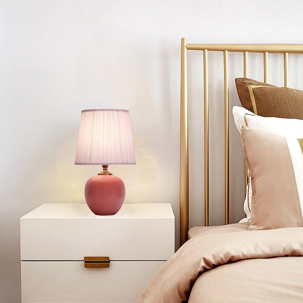 Mengjay Keramik Tischleuchte Lampe für Nachttisch Beistelltisch,Nachttischlampe aus Stoff E27 Tischleuchte Lampenschirm Tischleuchte für Wohnzimmer Schlafzimmer dekorative Beleuchtung (Rosa)