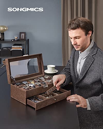 Songmics 12-Slot Watch Box, Lockable Watch Case With Glass Lid, 2 Layers, With 1 Drawer For Rings, Bracelets, Gift Idea, Brown Synthetic Leather, Brown Lining Ujwb012K01 #TOP1