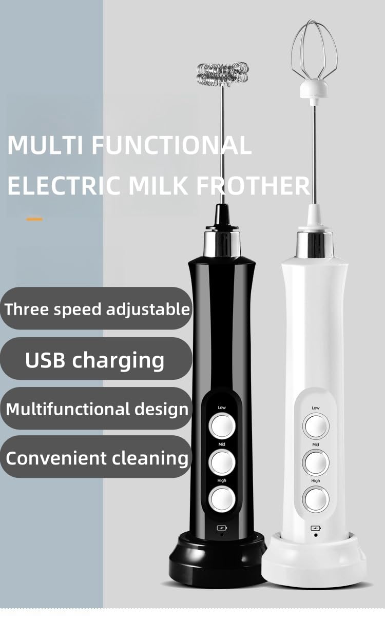 Immersion Blender Handheld, 3-in-1 Hand Blender Electric with USB Rechargeable 3 Speeds, Stainless Steel Blade Stick Blender with Whisk, for Coffee Latte,Hot Chocolate, Egg (Black)