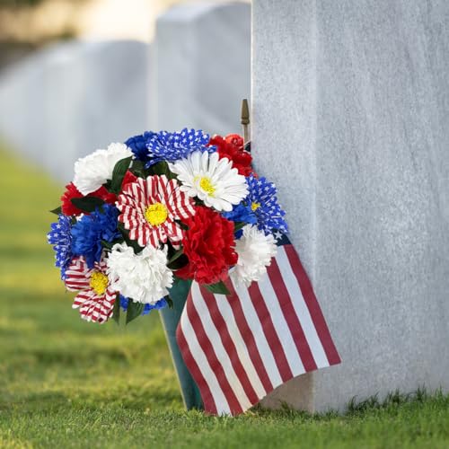 Image of 20 Stems Red White and Blue Flowers Artificial 13 inch Mixed Patriotic Dasiy Flower Silk Bouquet for Memorial 4th of July Independence Day Centerpiece Table Home Decor Cemetery Grave Decor(No Vase)