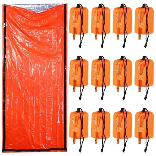 12 Emergency Sleeping Bags with Whistle, Waterproof Survival Blanket, Compact Bivvy Sack for Hiking, Camping, and Climbing