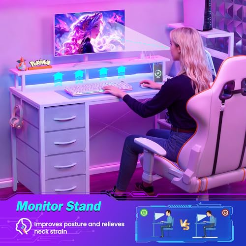Image of 51 Inch Gaming Desk with LED Lights and Power Outlets, Computer Desk with Storage Shelves, Fabric Drawers, Monitor Stand & Side Hook, Reversible Gamer Table for Home Office, Carbon Fiber White