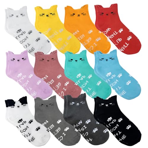 LOHO WONDERZ 12 Pairs Cat Socks, Colorful Animal Ankle Socks, Funny Novelty Cute Cat Claw Crew Gifts Sock for Women